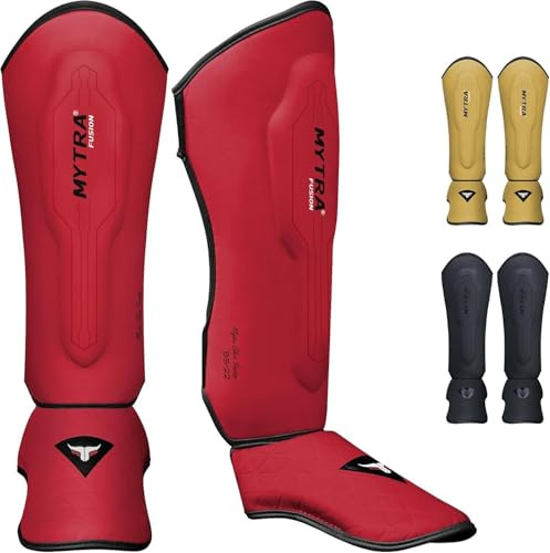 Mytra Fusion MMA Kick Boxing Shin Guards, Muay Thai Shin Instep Protection Contiene parastinchi per Kickboxing, Allenamento, BJJ, Sparring, Boxe e Arti Marziali Gear (M, Maroon)