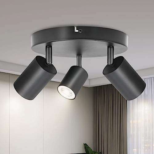 BOYIR LED-taklampa med 3 spotlights, runda svängbara takspotlights, taklampa GU10, modern takbelysning, inomhusarmaturer för kök vardagsrum, svart, levereras utan glödlampor