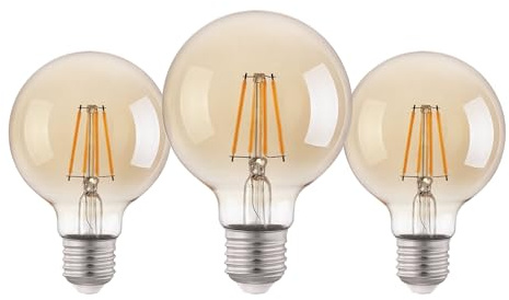 Eglo set de 3 lámparas LED de filamento con casquillo E27, bombillas Edison vintage ámbar, 4 vatios cada una, bombillas globo blanco cálido, 2200 K, 400 lumen, bombilla retro G80, Ø 8 cm