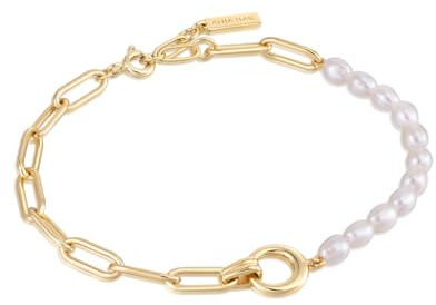Ania Haie Damen Armband PEARL POWER aus 925 Sterling Silber 14k vergoldet, besetzt mit 11 Süßwasserperlen, Länge 16,5 cm + 2 cm, inkl. Geschenkverpackung