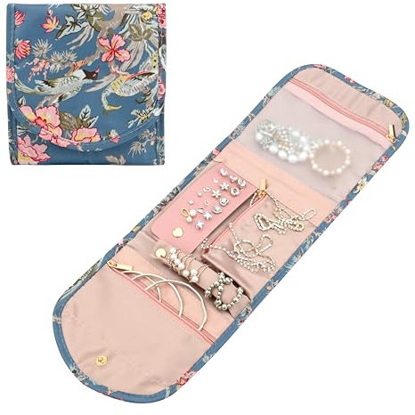Travel Jewellery Organizer Roll Women Girl Mini Portable Foldable Jewelry Storage Bag Large Capacity Jewellery Pouch with Zippered Pocket Practical for Rings Necklaces Bracelets Earrings