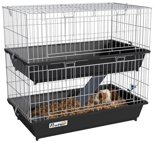 PawHut 2-Tier Small Animal Cage, Chinchilla Ferret Cage Indoor with Dish and Bottle, 2 Doors, Deep Bottoms, Ramp, 28, Black