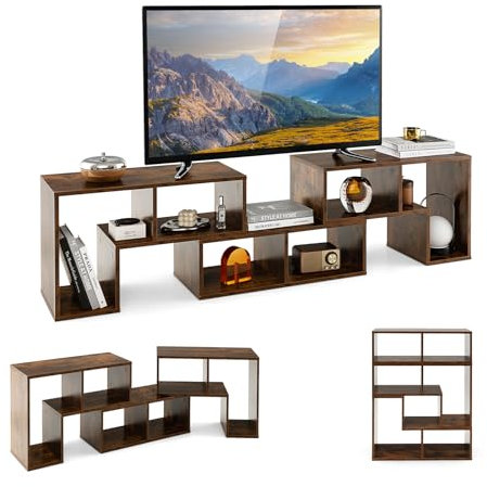 COSTWAY Meuble TV Bois 6 Compartiments en 3 Pcs Modulaire, Meuble TV Angle Extensible 134-180cm pour TV 65 au Max, Étagère Bibliothèque Modulaire pour Salon, Chambre, Bureau (Marron Rustique)