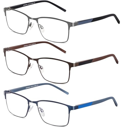 DJOLENSA 3 Pack Reading Glasses for Men, Blue Light Blocking Computer Reading Glasses, Metal Frame with Spring Hinges and Case