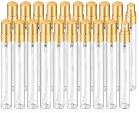 Jxcmeng 20Pcs 10ml Empty Clear Glass Mist Spray Bottle Refillable Mini Perfume Atomizer Travel Sample Bottle with Golden Aluminized Nozzle Makeup Container for Perfume (10ml Gold Caps)