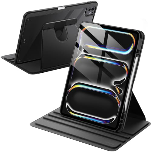 JETech Custodia Rotante SOLO per iPad Pro 13 Pollici M5/M4 (2025/2024) con Portapenne, 360 Rotazione dei Gradi Protettiva Supporto Cover Trasparente Retro (Nero)