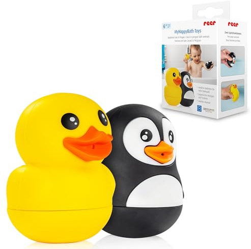 reer MyHappyBath Toys Badetiere Ente & Pinguin | Badespielzeug für Babys und Kinder ab 6 Monaten | Spritztiere | Spaßiges Badewannenspielzeug