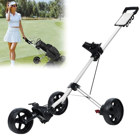 Yokawe Folding 3-Wheel Golf Push Cart, Golf Bag Trolley with Brake, Beverage Holder, Scorecard Board, Scorer, and Ball Mount White