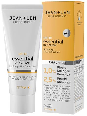 Jean & Len Essential Day Cream, ideal für jeden Hauttyp geeignet, optimiert die Hautfestigkeit, mit LSF 30 und pflanzlichem Kollagen, vegane und parfümfreie Tagescreme, 50 ml