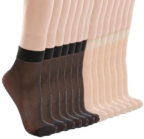 KEYRI 14 Paires de Socquettes Transparentes pour Femme, Bas Nylon Mode Chaussette Collant Nylon Chaussettes de Cheville (FR/ES, Alpha/lettres, Taille unique, Taille normale, Taille normale, Noir, Nu)