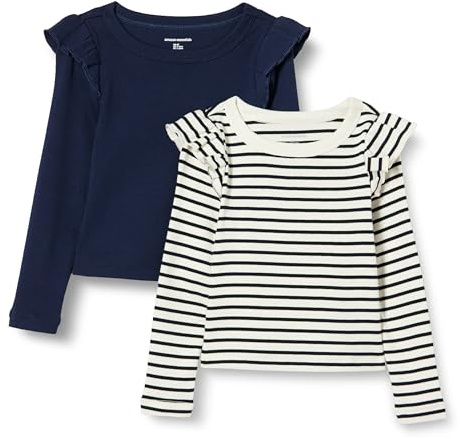 Amazon Essentials Camiseta de Manga Larga con Volantes para niñas pequeñas, Paquete de 2, Azul Marino/Rayas francesas, 4T