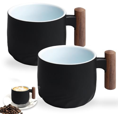 WIYETY 2 Stück Keramik Espressotasse: Premium Espresso Tassen mit Henkel, Dickwandig Mini Teetasse Kaffeetasse, Kaffeebecher für Espresso Tee Espresso Mokkatassen(Schwarz, 60 ml)