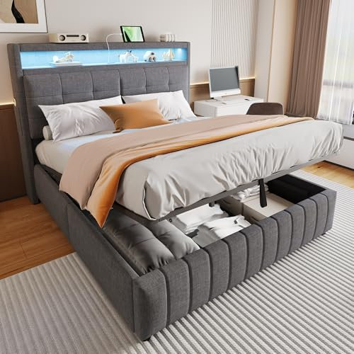 Ymkua Polsterbett Doppelbett 160x200 cm, Stauraumbett Bett mit LED-Leuchten und USB-Port, Jugendbett mit Stauraum Kopfteil, Hydraulisch Bettgestell mit Lattenrost aus Holz, Linen, Grau, Ohne Matratze