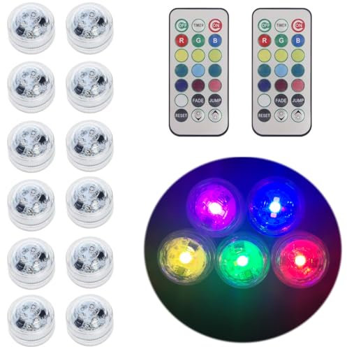 Anziner 12 Pack Submersible LED Tea Lights with Remote and Timer,Mini led Lights Waterproof RGB Underwater Led Pool Lights with Remote for Vase,Fishtank,Wedding,Party, Aquarium, Pool, Decorations