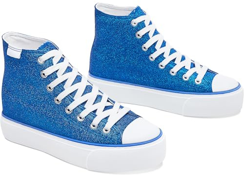 ALTOCIS Glitter Platform Fashion Sneakers,Sparkly Bling Mid Calf Sneaker for Women,Cute Comfortable Platform High Top Sneakers, Royal Blue Glitter, 5.5 UK