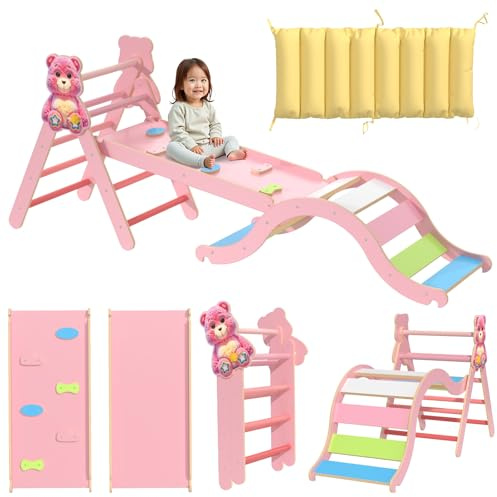 Pikler Triangle Set with Cushion 9 in 1, Climbing Toys for Toddlers 1-3, Montessori Indoor Baby Playground for Safe Motor Skills Development, Large Foldable Wooden Climbing Toys Set for Playroom
