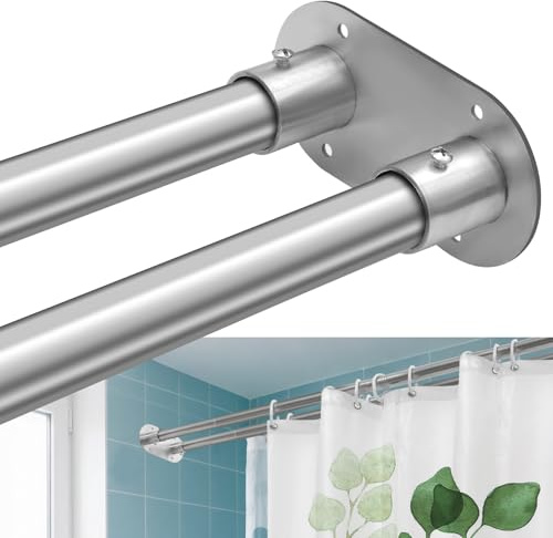 Anndason Double Shower Curtain Rod 28 to 75 Inches Elegant Double Shower Rod Adjustable Wall Mounted Double Shower Curtain Pole for Bathroom (Silver, 28 to 75)