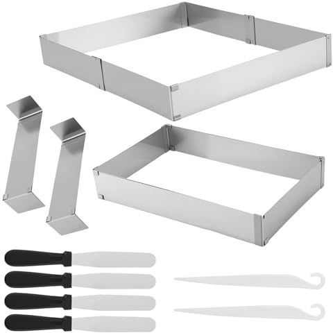 SINJEUN 2 stycken justerbar bakram rektangulär set, 27,5 x 18,5 till 52,5 x 34 cm rostfritt stål tårtring rektangulär med Z-skiljevägg och degskrapa, 5 cm hög bakram för bakning, skikttårtor