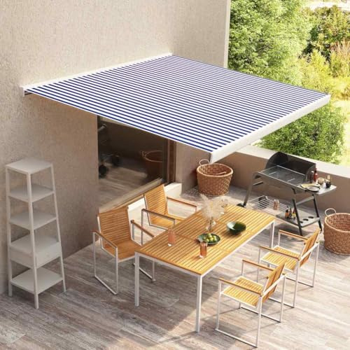 Motoriserad kassettmarkis 350 x 250 cm, blåvit, väderbeständig för terrass och trädgård, infällbart solskydd för utomhusbruk