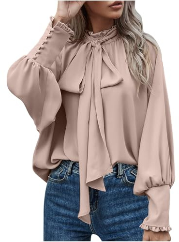 Women Dressy Pullover Elegant Bow Tie Knot Mock Neck Top Ruffle Frill Lantern Sleeve Chiffon Shirts Ladies Office Work Longline Blouse Casual Loose-Fit Cuff Long Sleeve Tops Beige