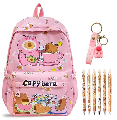 Capybara Zaino per Bambini con Cartoni Animati Rosa, Portachiavi Capybara in PVC, Set di Penne Cancellabili blu Cristallo, Ideale Regalo per Bambini, Articoli Scolastici per Scuola, Alunni e Studenti