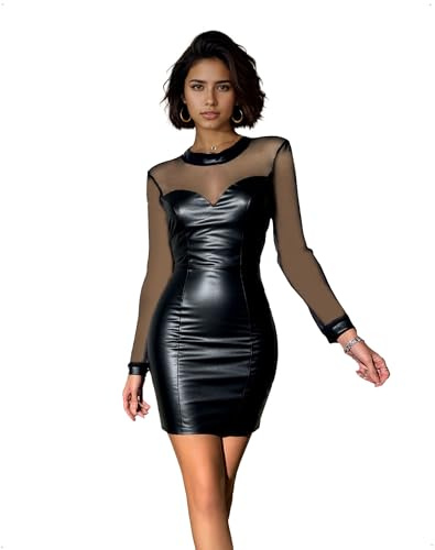EMOTTOS Mini-Robe Latex et Dentelle pour Femme, Cuir Robe à Manches Longues et Col Bénitier en PU, Robe Moulante Transparente en Maille pour Sortir en Boîte ou en Soirée, Noir, M