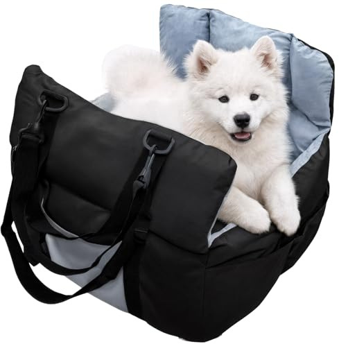 Seggiolino Auto per Cani di Piccola Media Taglia Sotto i 10 kg Trasportino Lettino per cani auto Rimovibile Lavabile con Cintura di Sicurezza, Nero e Azzurro Chiaro