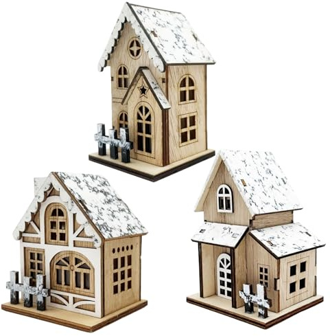 Lot de 3 Maisons de Village Noël Lumineuses avec Toit en Neige en Bois pour centres Table Noël, décoration d'intérieur Vacances