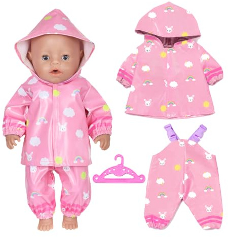 Dockkläder, regnrock, set för 35–45 cm dockor (14–18 tum) – 3-delad dockkläder med vattentät docka, regnjacka i rosa tecknad design, docktillbehör för babydockor, utan docka