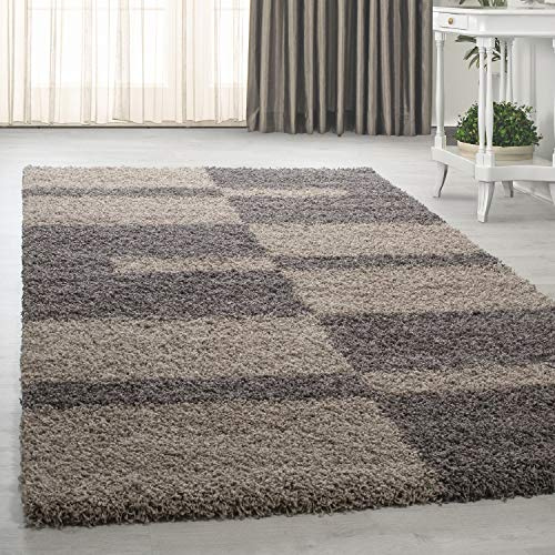 HomebyHome Alfombra de Pelo Largo 200x290 cm Topo Beige Suave Shaggy Flokati a Cuadros Alfombra Grande para Salón Dormitorio o Comedor