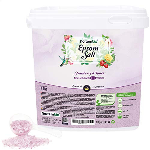 Nortembio Sali di Epsom 100% Fragranza Fragola e Rose 6 kg – Fonte Naturale di Magnesio | Con Vitamina C ed E Idratante | Per Bagni Rilassanti, Spa e Cura della Pelle + E-Book Gratuito