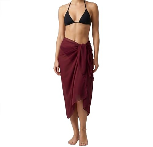 ZAKIRA Chiffong Pareo Sarong för Dam – Lätt strandwrap som cover-up för bikini, badkläder och resortsemester (Vinröd)