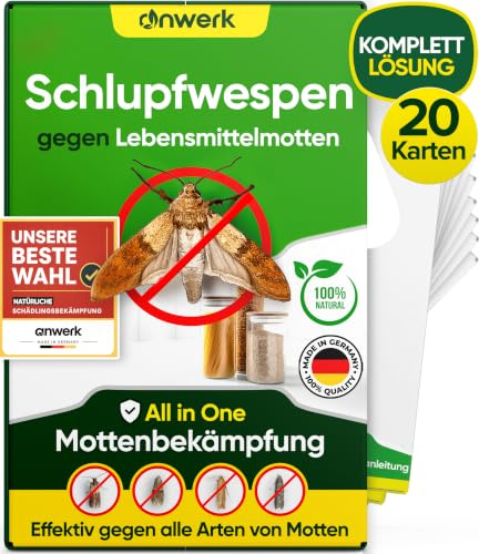 anwerk® Schlupfwespen gegen Lebensmittelmotten - 20 Karten (5 Karten à 4 Lieferungen) - Effektiv Lebensmittel Motten bekämpfen - Alternative zur Mottenfalle, Mottenspray, Pheromonfalle