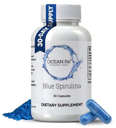 Ocean Rx Organic Pure Blue Spirulina Capsules | Natural Superfood | Prebiotic Phycocyanin Supplement | Healty Skin, Oral Health, & Wound Recovery | 30 Serving Bottle