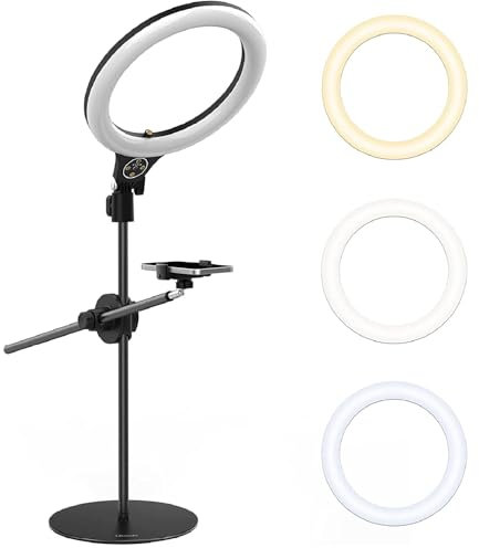 10 '' Luz de Anillo con Soporte de Brazo, ULANZI Ring Light de Soporte Escritorio, 3500k-6500K Regulable, Luz Anular con Soporte para Teléfono para TikTok, Maquillaje, Fotografía, Selfie
