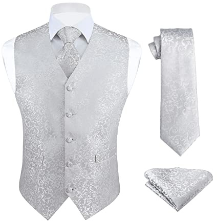 HISDERN Chaleco y corbata de jacquard floral paisley clasico para hombre y traje de chaleco cuadrado de bolsillo