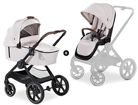 hauck 2in1 Kinderwagen mit Gummireifen Walk N Care Set ab Geburt bis 22 kg + 3 kg Korb, Wanne mit Memory-Knöpfen, Sitz mit Liegefunktion Wendbar Höhenverstellbar, Teleskopgriff, UPF 50+ (Beige)