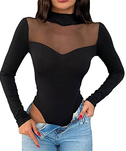 KOEMCY Body Mujer Manga Larga Blusa Elegante Malla Mono Bodysuit Color Sólido Jumpsuit Bodies Vestir Casual Blusa Tops Ropa de Dormir Una Pieza (Negro,L)