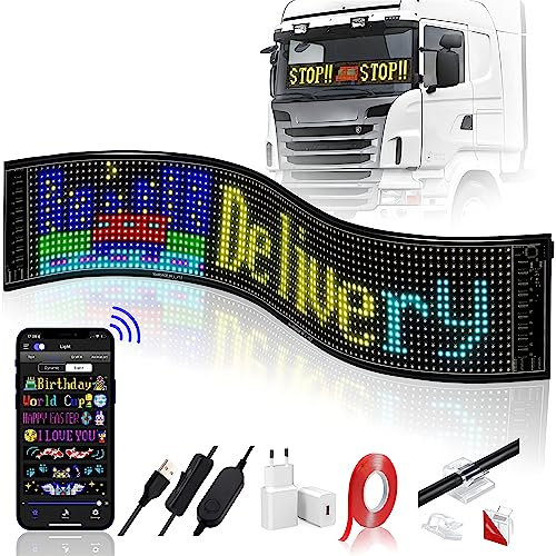 JDVOOTD Cartello Led Programmabile, 59x12cm Flessibile Display LED, Insegna Luminosa LED Sostegno Testo, Digitale, Animazione Display, Bluetooth APP, USB 5V/2A