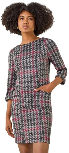 Roman Women Shift Dress with Pockets - Ladies Autumn Winter Tunic 3/4 Length Sleeve Knee Length Smart Casual Office Work Cocktail Party Round Neckline Comfy Soft - Red Charcoal - Size 16