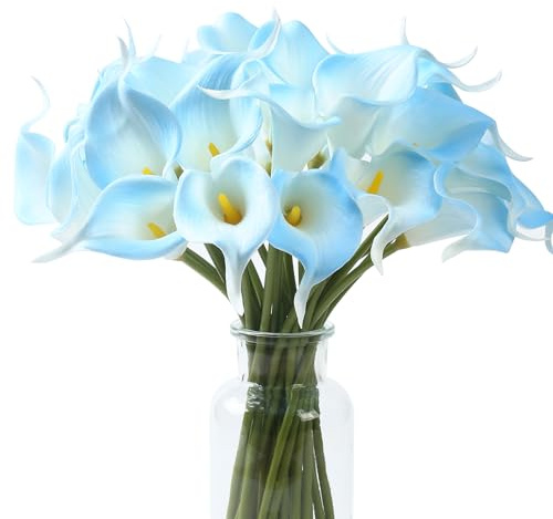 SITUMEIZI 24 Pcs Light Blue Fake Flowers Artificial Calla Lily | PU Real Touch Flowers for Home Kitchen Decor Wedding Bouquet Office Decoration