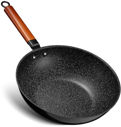 BEZIA Padella wok a induzione, antiaderente, 30 cm, con manico in legno, fondo piatto, adatta a tutti i piani cottura, granito