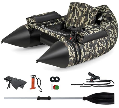 HOMASIS Aufblasbares Angelboot in V-Form, aufblasbares Schwimmerrohr mit Rutenhalter, Aufbewahrung von Ausrüstung, Angelboot mit Fliegen, Rudern und Pumpe für Angeln, 150 x 110 x 48 cm, Camouflage