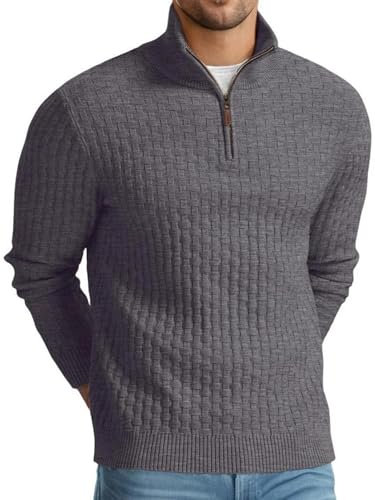 QIXING Troyer Herren Pullover mit Zopfmuster und Waffelmuster - Weicher Freizeit-Strickpullover mit 1/4-Reißverschluss und gerippten Kanten Pulli Herren (Dunkelgrau, L)