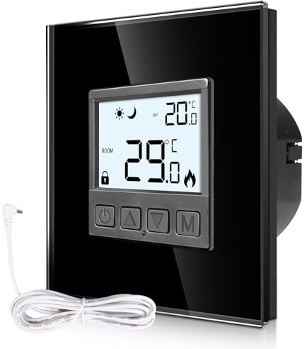 CNBINGO Digital rumstermostat infälld med sensor, termostat för vattengolvvärme och varmvattenberedare, väggtermostat för uppvärmning och kylsystem (svart med glasram