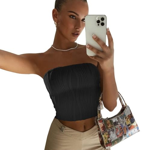 TTPSRY Crop Top Femme Sexy Rayé Tricoté sans Bretelles Débardeur Dos Nu Tube Tops Haut Débardeur de Mode Unie Slim Fit Convient aux Jeans Jupes et Shorts(Noir M)