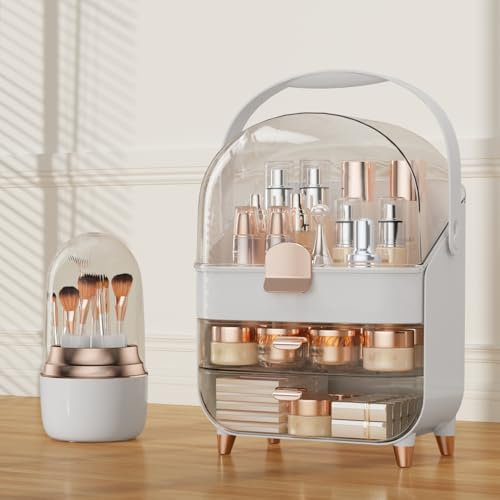 CLBDRESS Makeup Organiser, Dustproof Make Up Case with Makeup Brush Holder, Cosmetic Storage Box for Bedroom Bathroom Desktop, Skincare Jewelry Organizer with Gifts for Girls, Wife, Mom
