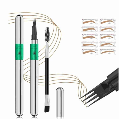 Crayon Sourcils 4 Fourches Résistant à l'Eau - Pointe Ultra-Fine & Formule Anti-Tâches/Anti-Transpiration pour Effet Sourcils Naturels (Gabarit & Brosse Pro) (Marron clair)