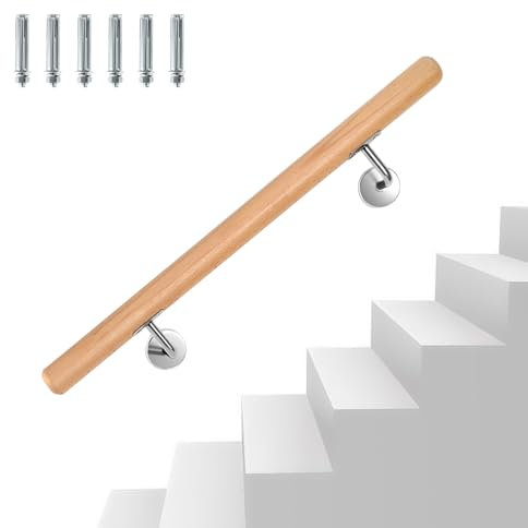 Eikuavons Pasamanos de madera de haya, 100 cm, pasamanos de pared, escaleras con soporte de pared y tapas finales, pasamanos de madera antideslizante, barandilla para escaleras, balcón, redondo, 42 mm