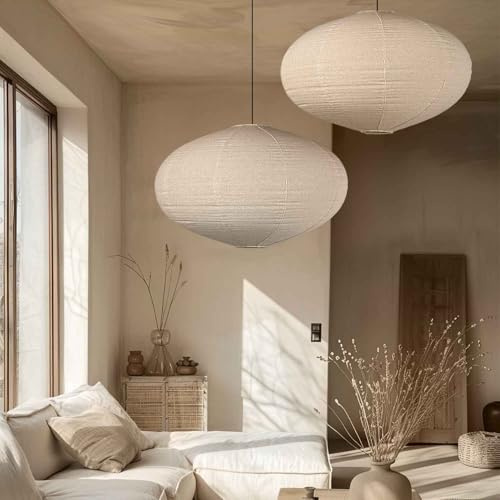 METHEDEECO 2er Set Boho Lampenschirme aus Leinen – Handgefertigte Hängelampenschirme Ø50cm Oval – Minimalistischer Stoff Lampenschirm für Wohnzimmer, Schlafzimmer, Flur & Esszimmer